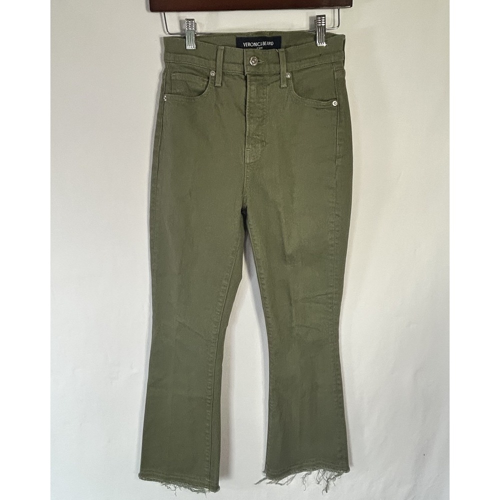Veronica Beard Jeans Green Carson Ankle Flare High Rise Raw Hem 26 Contemporary